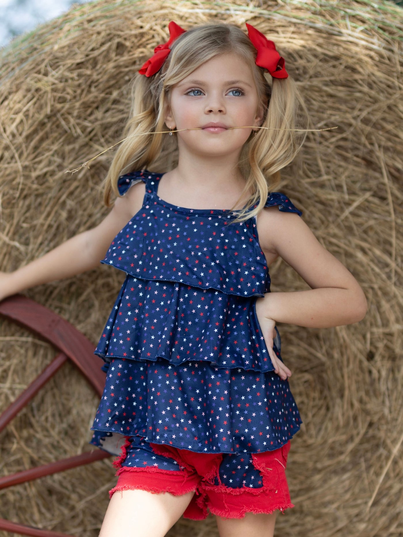Girls Star Tiered Top And Patched Denim Shorts | 4th of July Sets