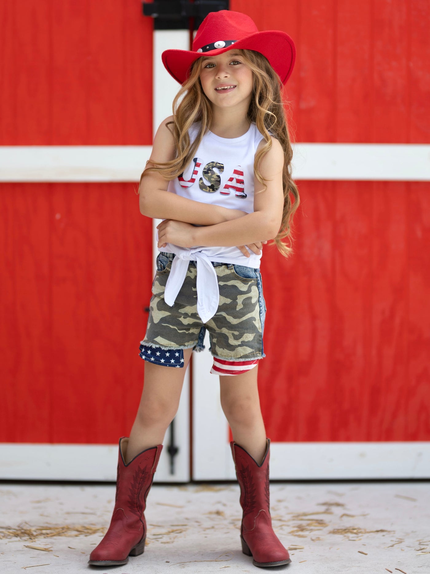 Mia Belle Girls USA Knot Hem Tank Top and Denim Shorts | 4th of July