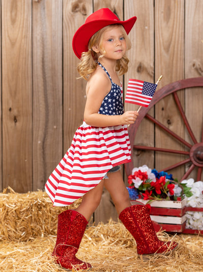 Mia Belle Girls US Flag Hi Lo Top And Denim Shorts | 4th of July