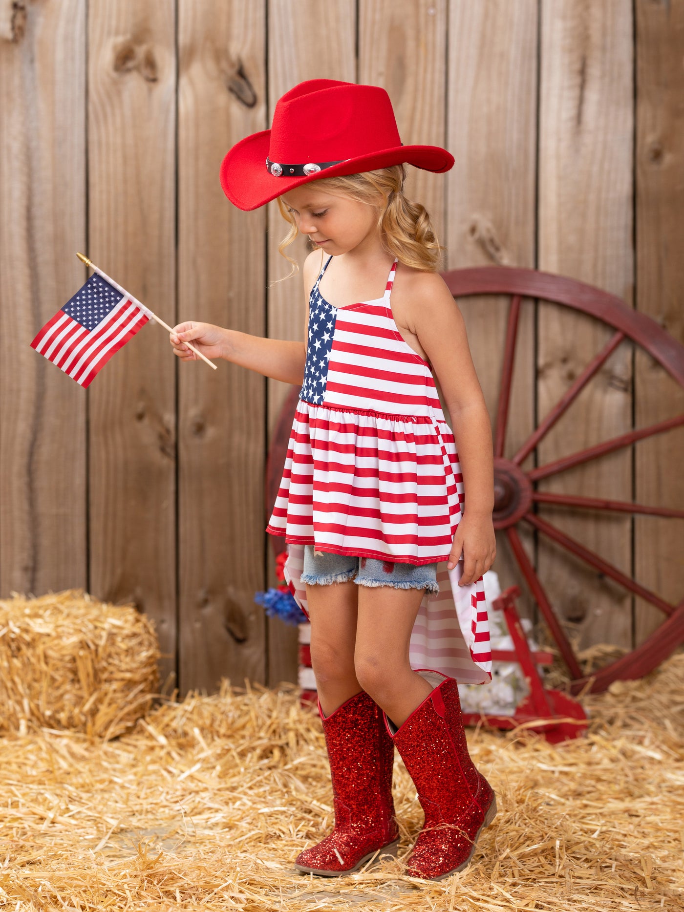Mia Belle Girls US Flag Hi Lo Top And Denim Shorts | 4th of July