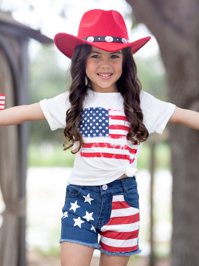 Mia Belle Girls American Flag Top and Denim Shorts Set | 4th of July