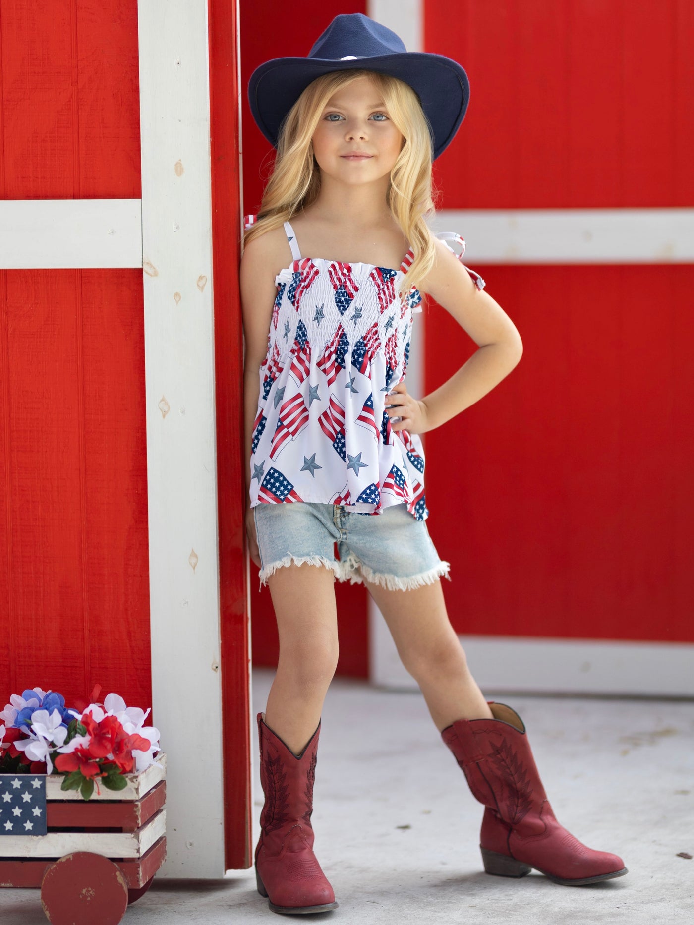 Mia Belle Girls US Flag Smocked Top And Denim Shorts | 4th of July