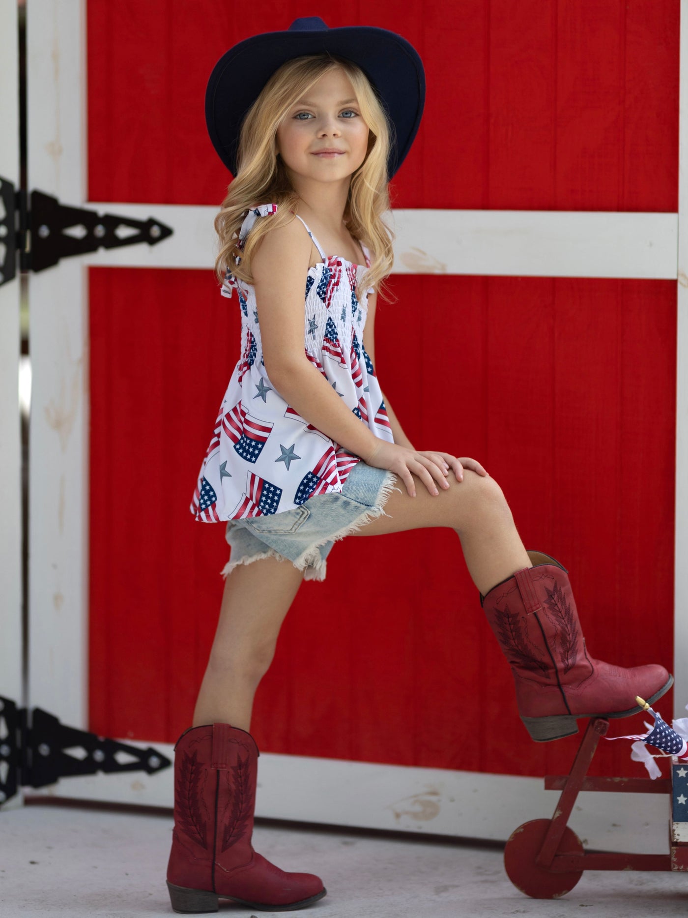 Mia Belle Girls US Flag Smocked Top And Denim Shorts | 4th of July