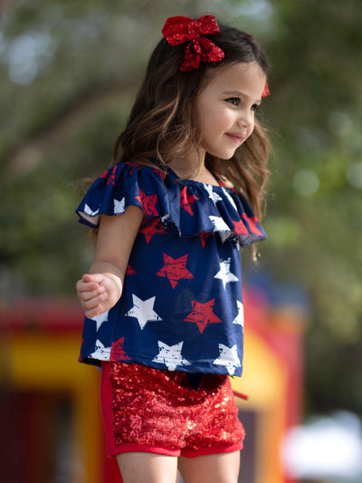 Girls Star Ruffle Bib Top And Sequin Shorts Set | 4th of July