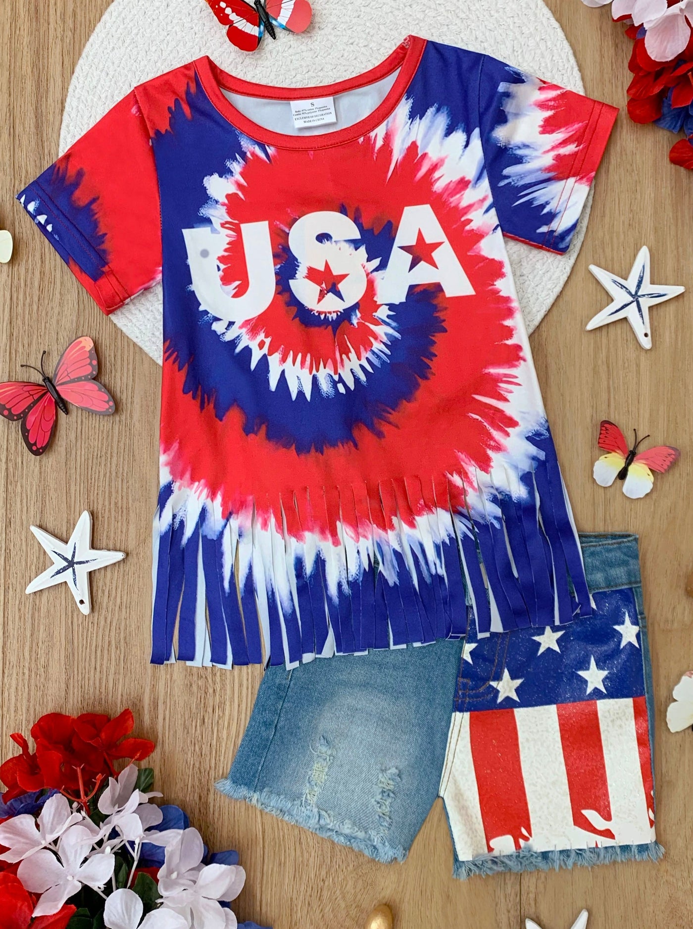 Girls USA Tie Dye Fringe Top And Denim Short Set | 4th Of July Outfits