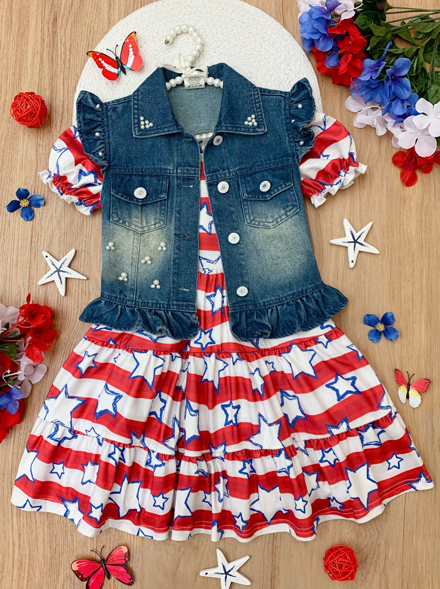 Mia Belle Girls Denim Vest And Ruffle Dress Set | 4th Of July Outfits