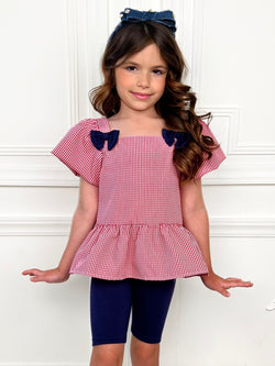 Red Gingham Bow Peplum Top and Navy Biker Short Set