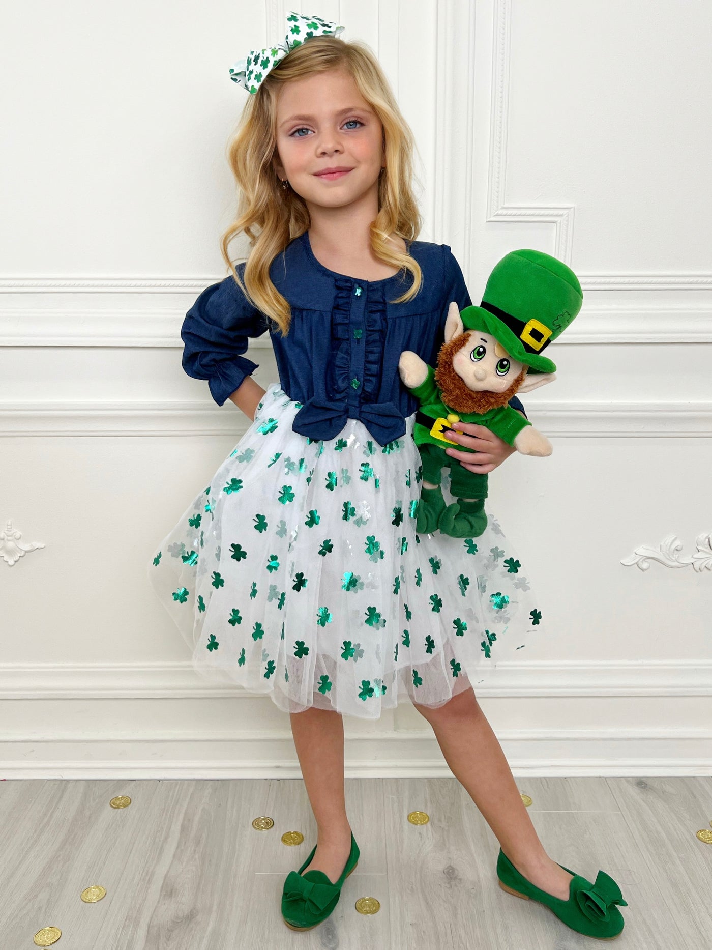 St. Patrick's Day Outfit | Girls Chambray Shimmer Clover Tutu Dress