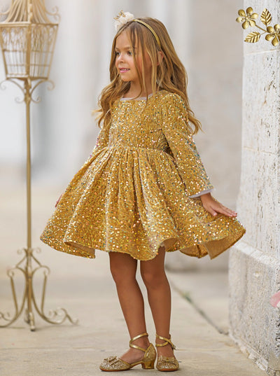 Girls Special Occasion Dress | Long Sleeved Sequin Formal Mini Dress