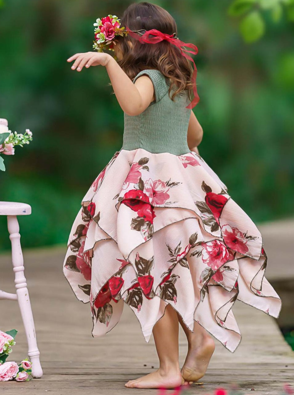 Toddler Spring Dresses | Girls Olive Floral Smocked Handkerchief Dress Mia Belle Girls Toddler Spring Dresses | Girls Olive Floral Smocked Handkerchief Dress Mia Belle Girls