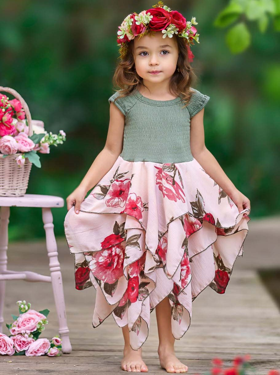 Toddler Spring Dresses | Girls Olive Floral Smocked Handkerchief Dress Mia Belle Girls Toddler Spring Dresses | Girls Olive Floral Smocked Handkerchief Dress Mia Belle Girls