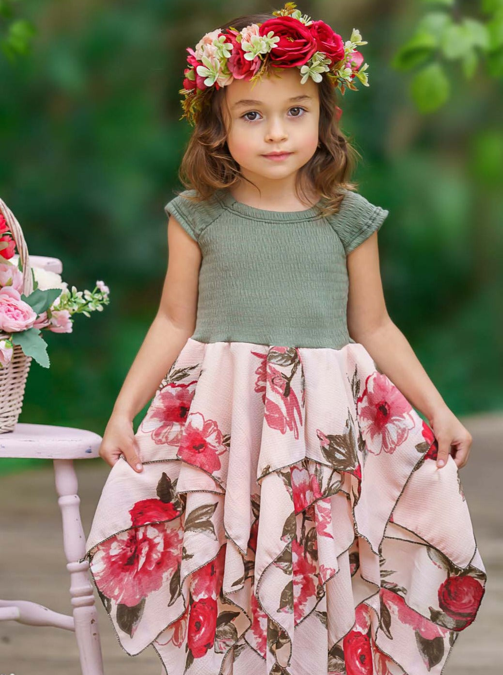 Toddler Spring Dresses | Girls Olive Floral Smocked Handkerchief Dress Mia Belle Girls Toddler Spring Dresses | Girls Olive Floral Smocked Handkerchief Dress Mia Belle Girls