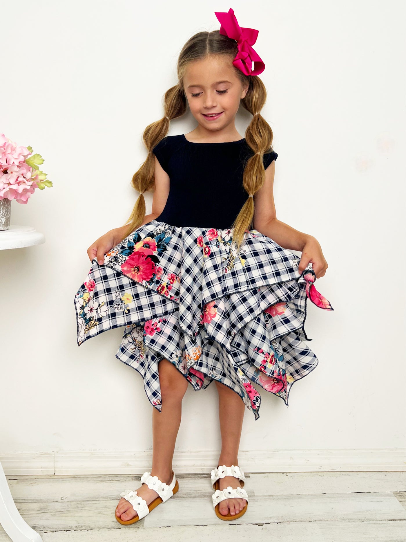 Toddler Spring Dresses | Girls Floral Plaid Smocked Handkerchief Dress