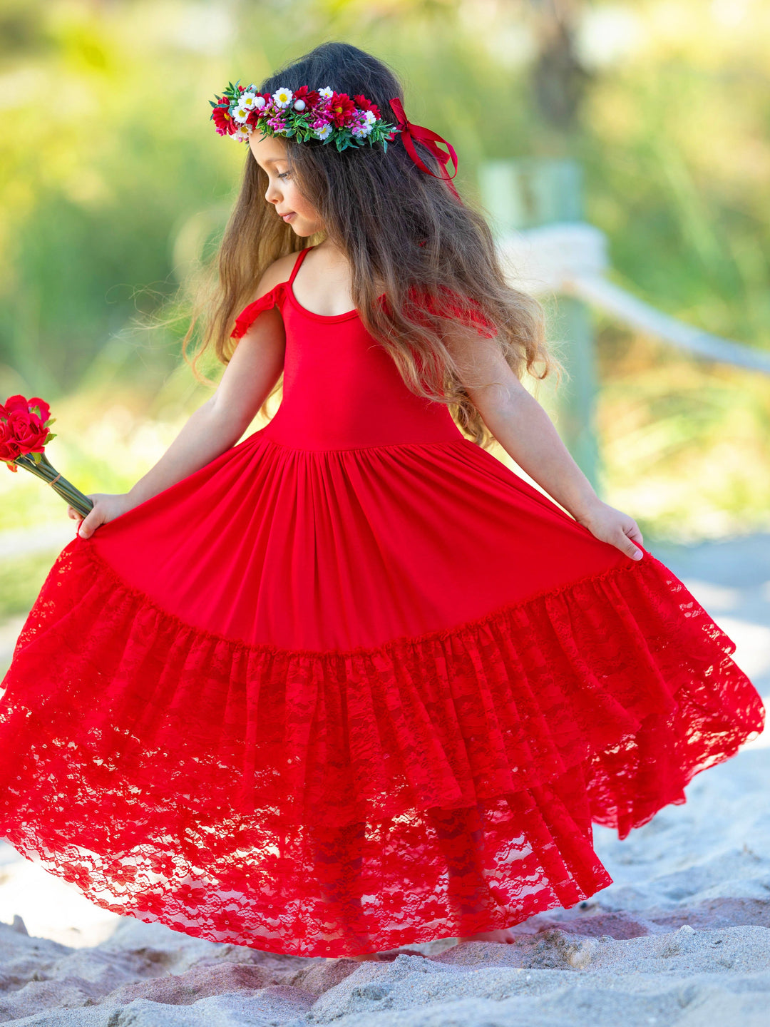 Mia Belle Girls Red Lace Ruffle Tiered Maxi Dress | 4th of July Mia Belle Girls Red Lace Ruffle Tiered Maxi Dress | 4th of July
