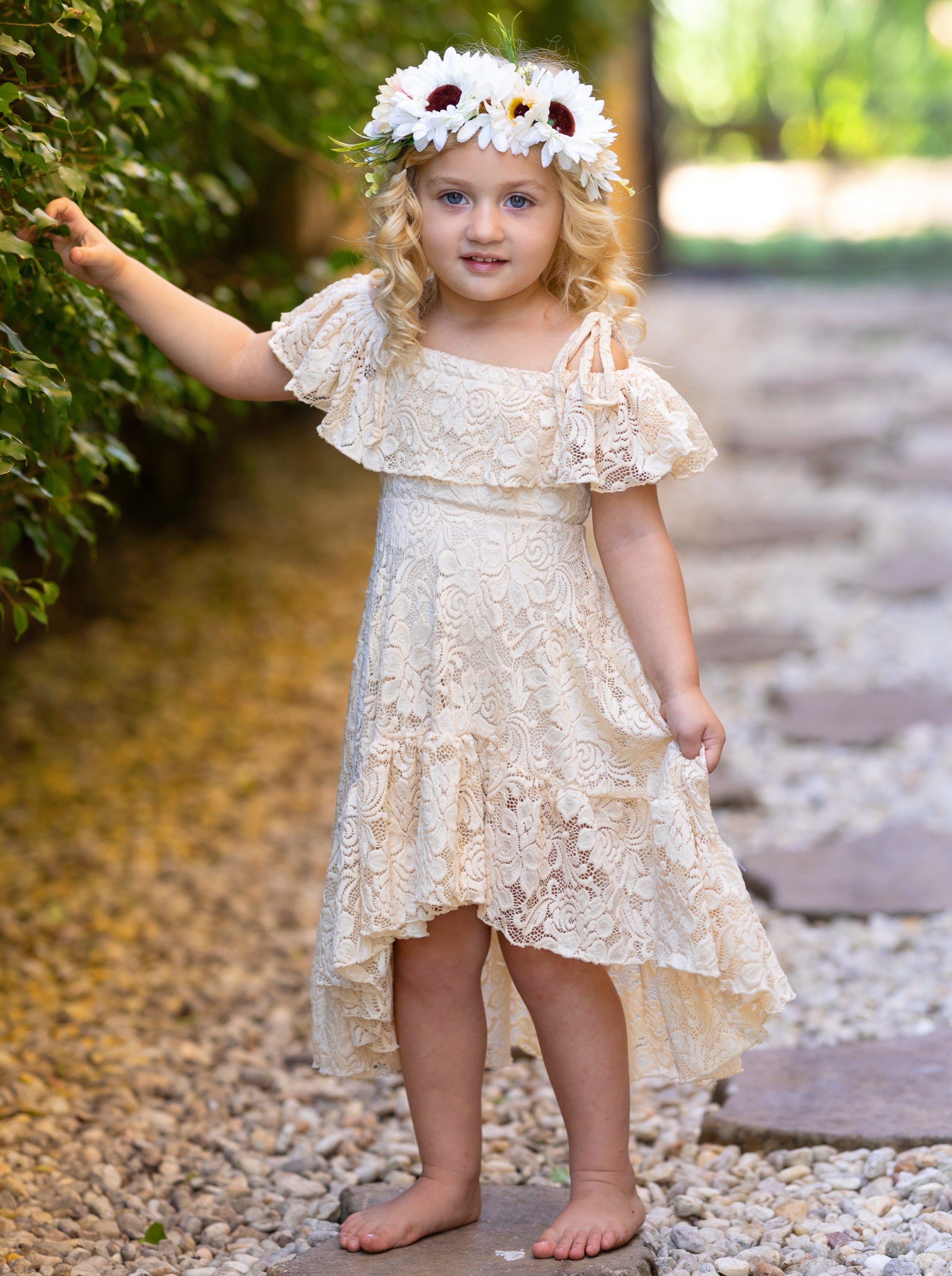 Toddler Spring Dress | Girls Neutral Cold Shoulder Maxi Lace