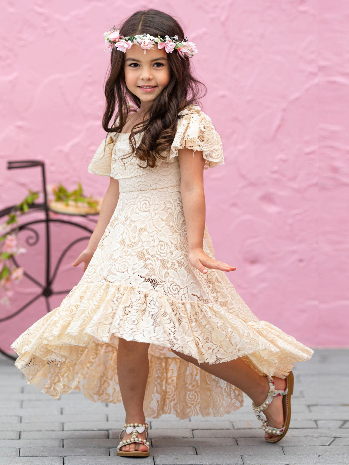 Toddler Spring Dress | Girls Neutral Cold Shoulder Maxi Lace