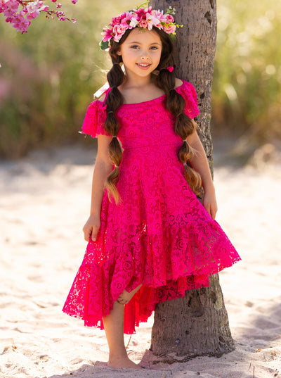 Toddler Spring Dress | Girls Hot Pink Cold Shoulder Maxi Lace Sundress