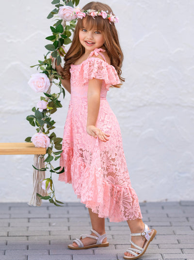 Toddler Spring Dress | Girls Pink Cold Shoulder Maxi Lace Sundress