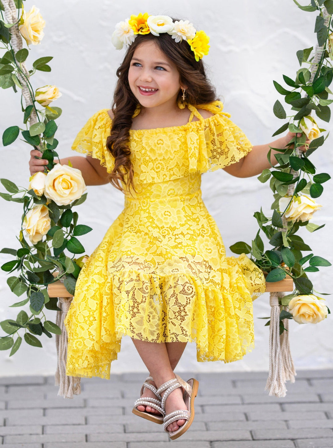 Toddler Spring Dress Girls Yellow Cold Shoulder Maxi Lace