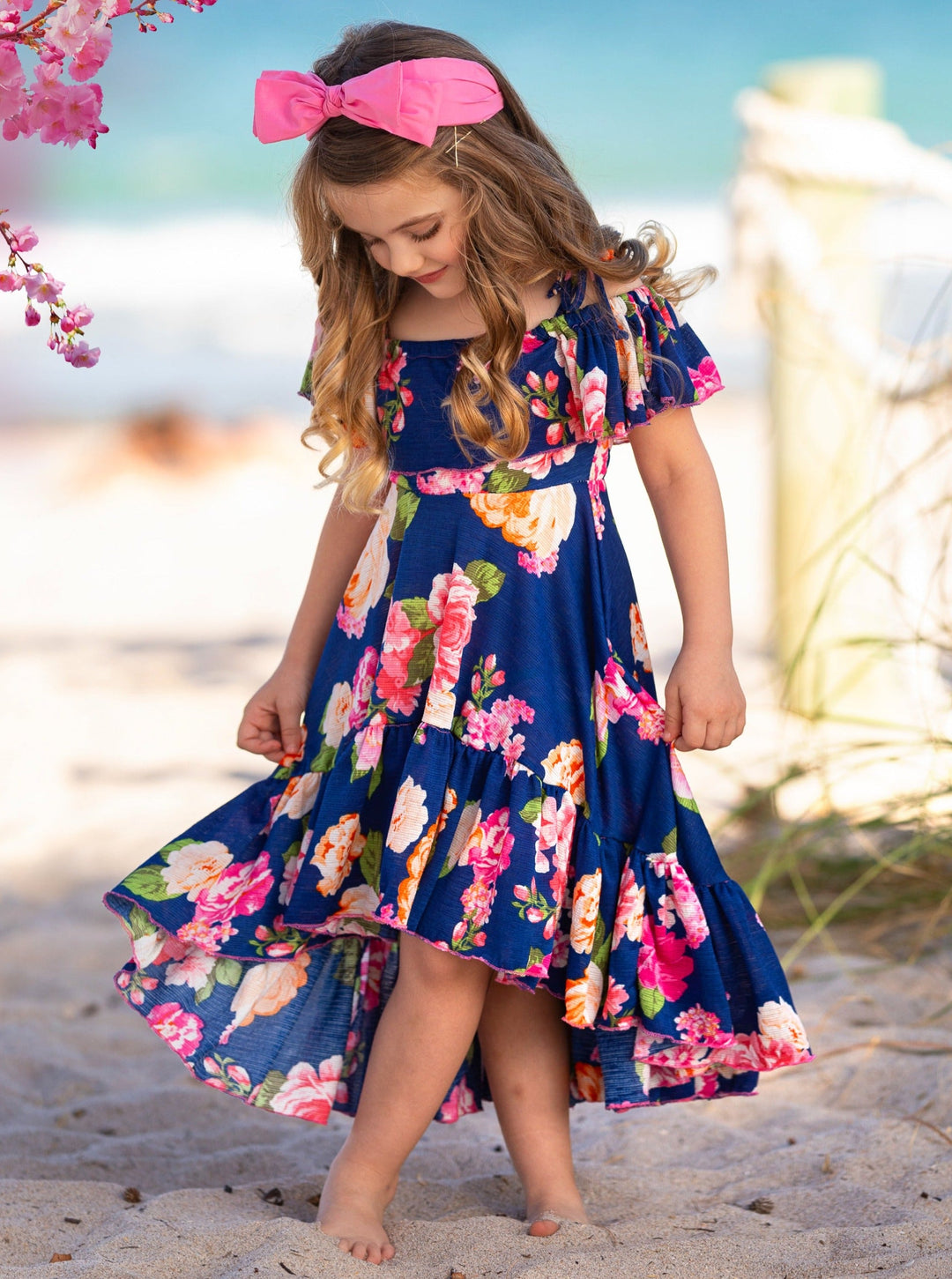 Navy Floral Cold Shoulder Hi-Lo Sundress Girls Spring Dresses