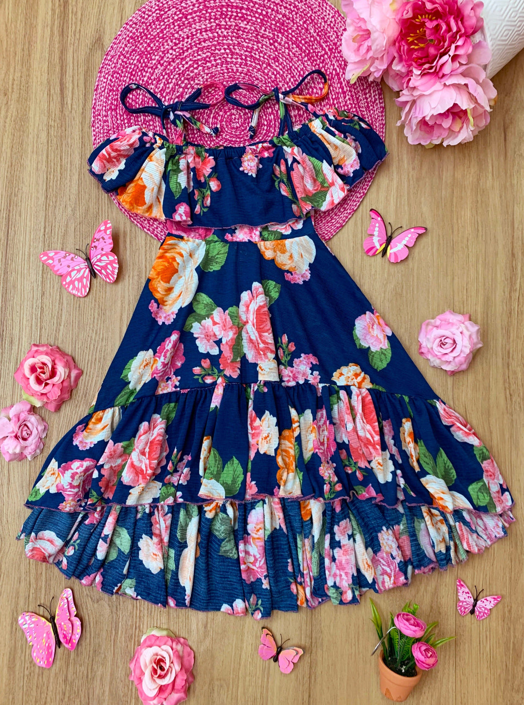 Navy Floral Cold Shoulder Hi-Lo Sundress | Girls Spring Dresses Mia Belle Girls Navy Floral Cold Shoulder Hi-Lo Sundress | Girls Spring Dresses Mia Belle Girls
