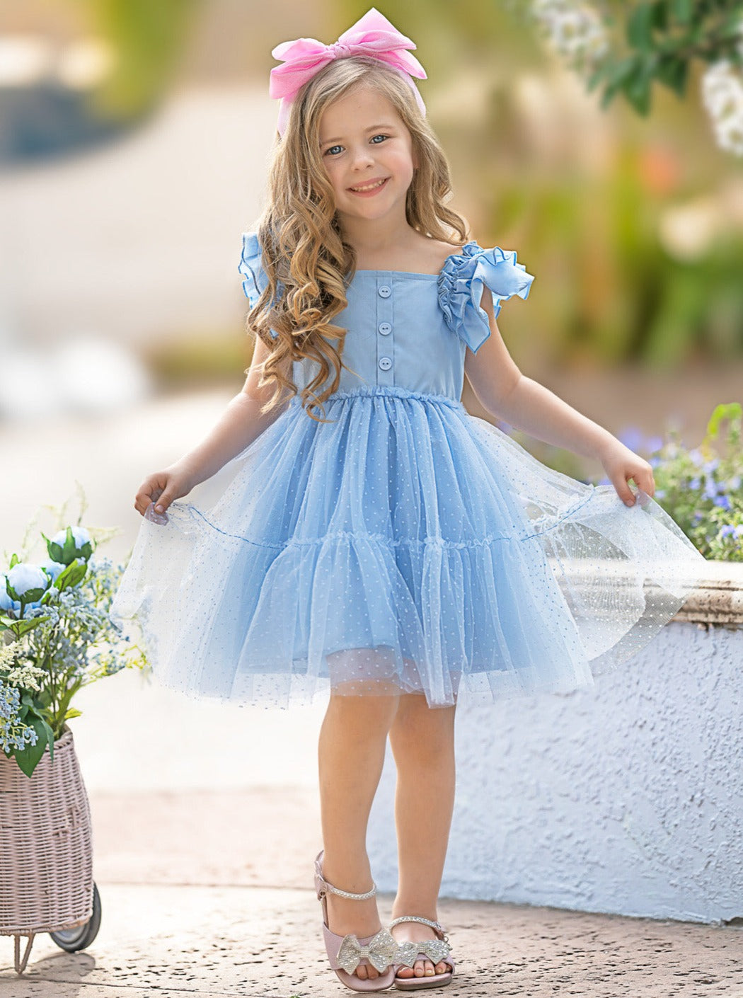 Mia Belle Girls Blue Ruffle Sleeve Tulle Dress | Girls Spring Dresses