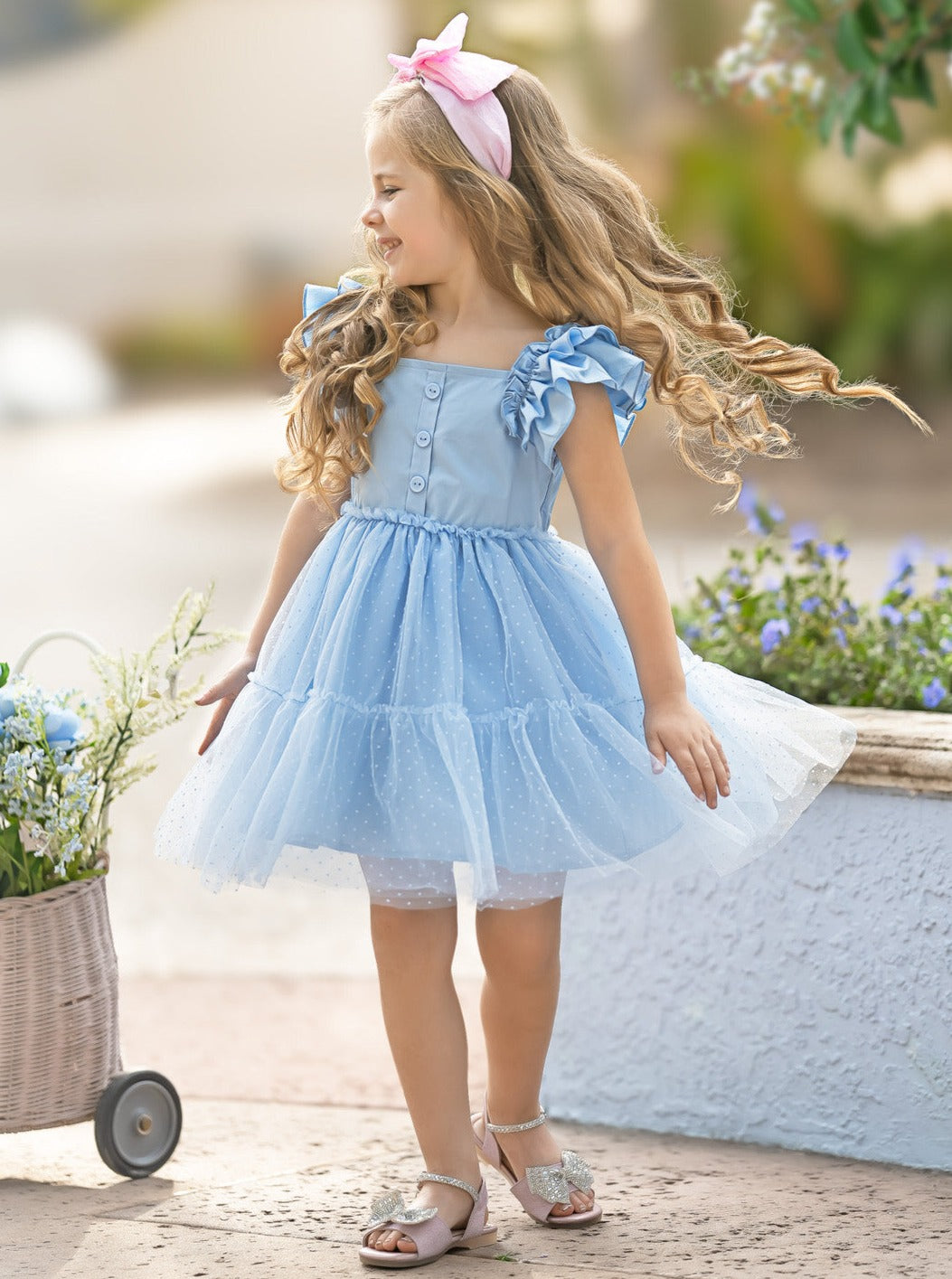 Mia Belle Girls Blue Ruffle Sleeve Tulle Dress | Girls Spring Dresses Mia Belle Girls Blue Ruffle Sleeve Tulle Dress | Girls Spring Dresses