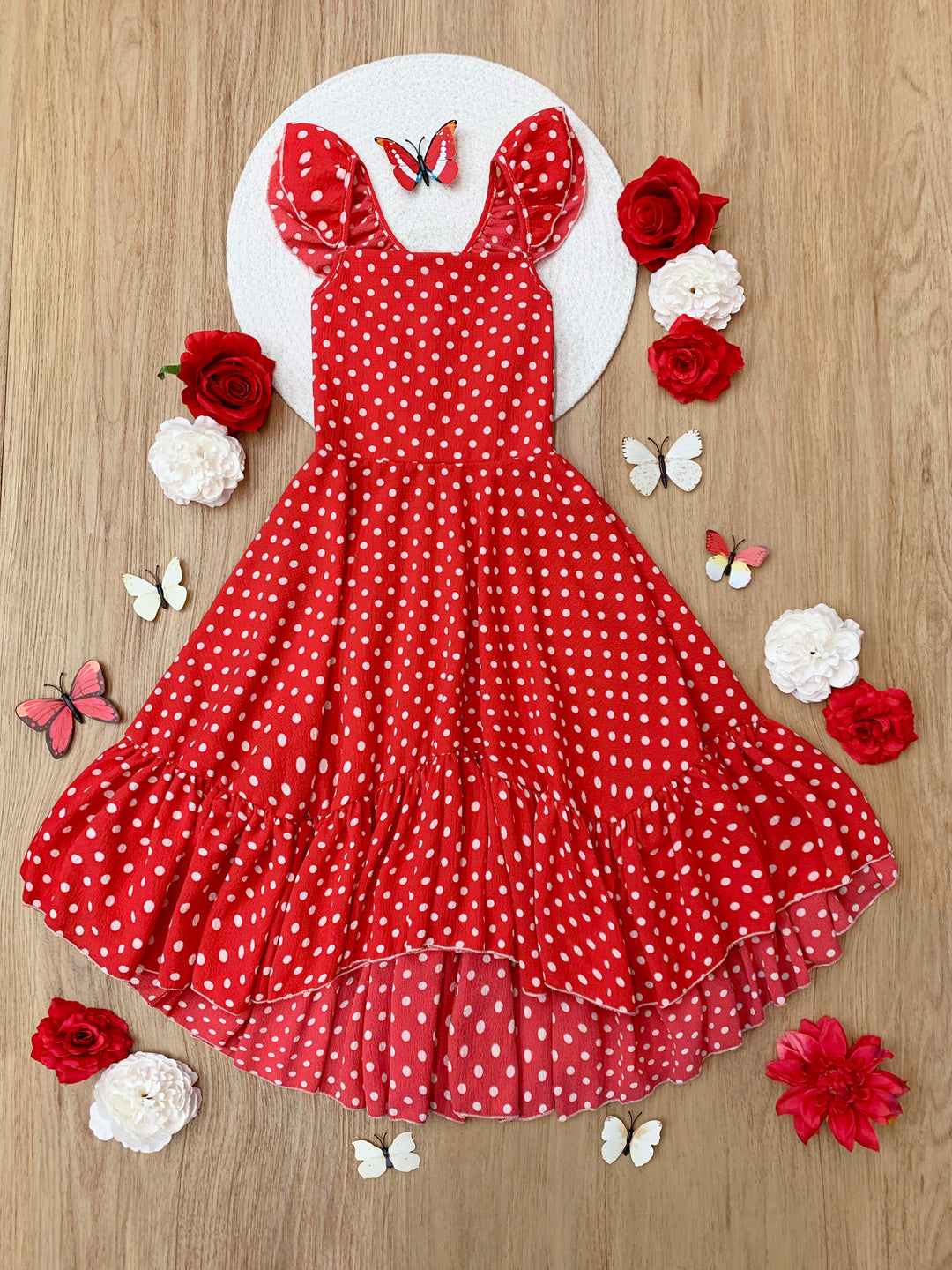 Mia Belle Girls Red Polka Dot Hi-Lo Dress | Girls Spring Dresses Mia Belle Girls Red Polka Dot Hi-Lo Dress | Girls Spring Dresses