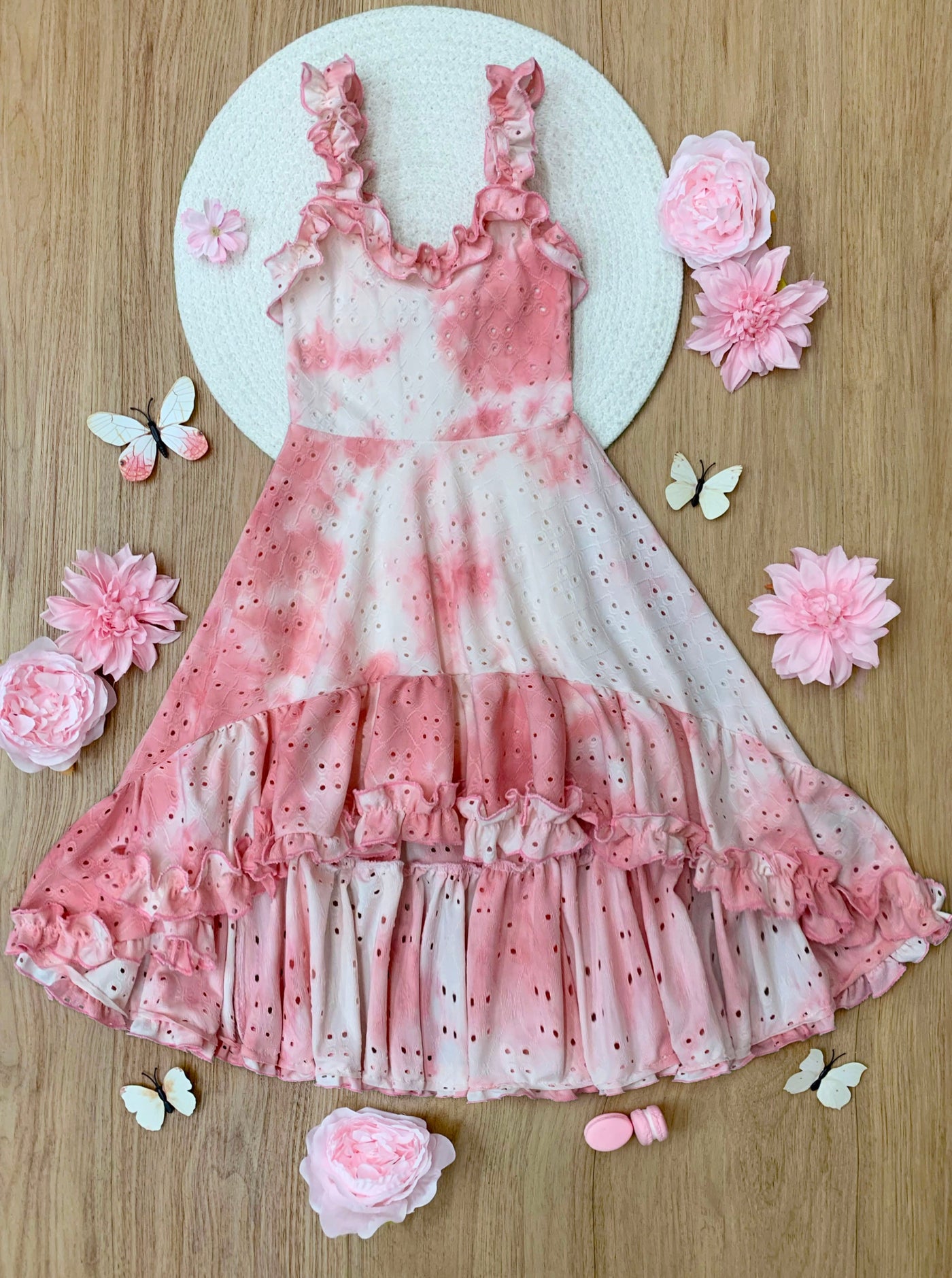Mia Belle Girls Tie-Dye Hi-Lo Ruffle Dress | Girls Spring Dresses