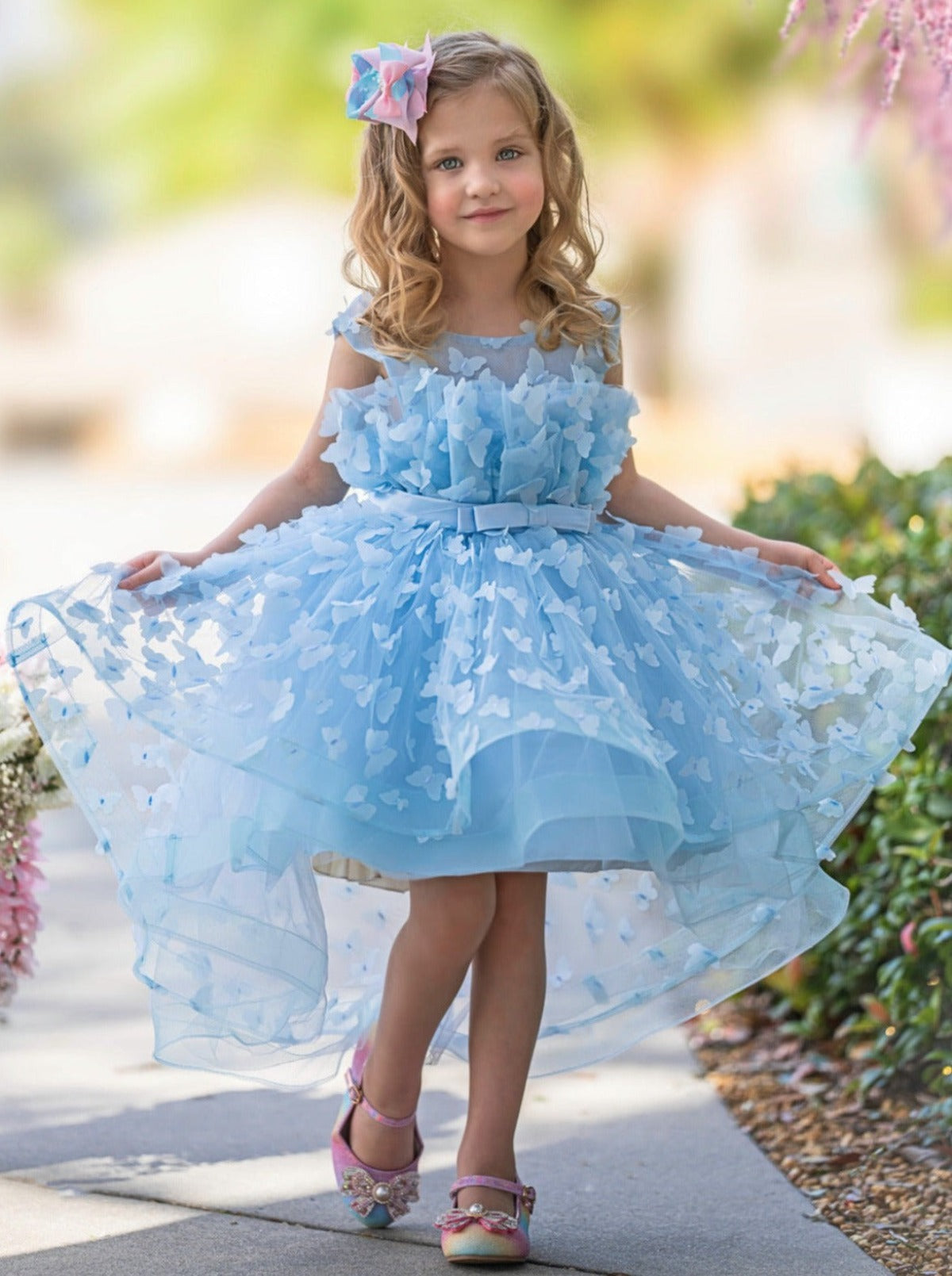 Mia Belle Girls Blue Butterfly Tulle Dress | Girls Formal Dresses