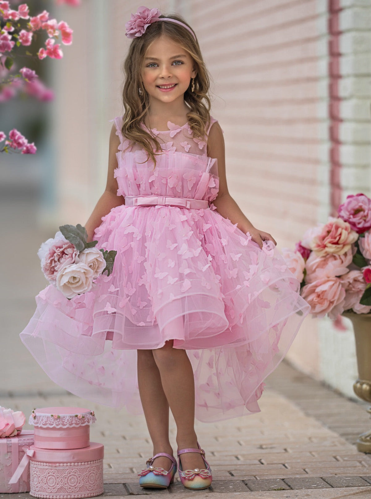 Mia Belle Girls Pink Butterfly Tulle Dress | Girls Formal Dresses