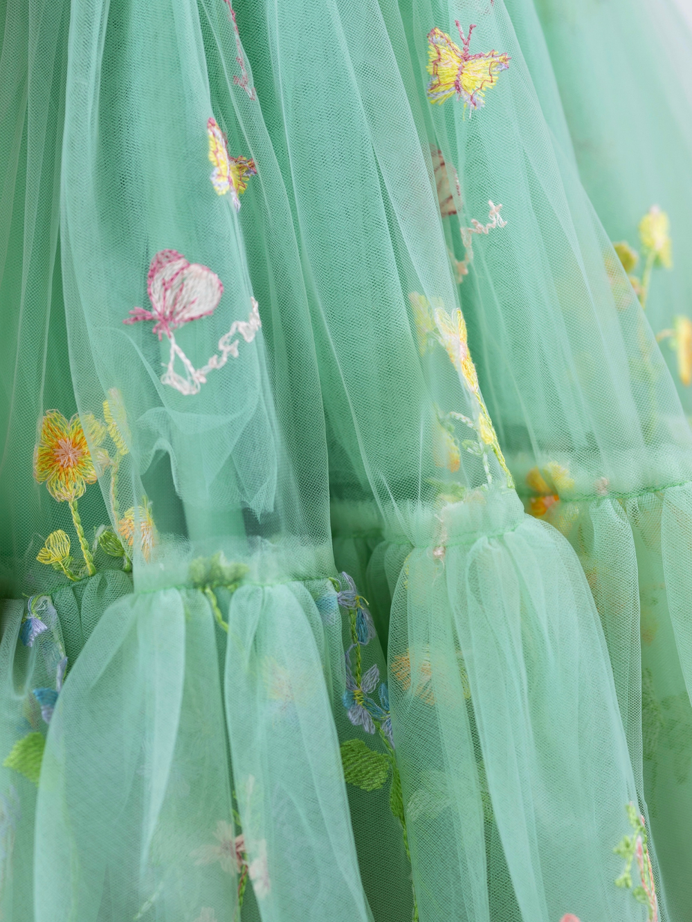 Floral embroidered tulle detail on girls sage green Easter dress