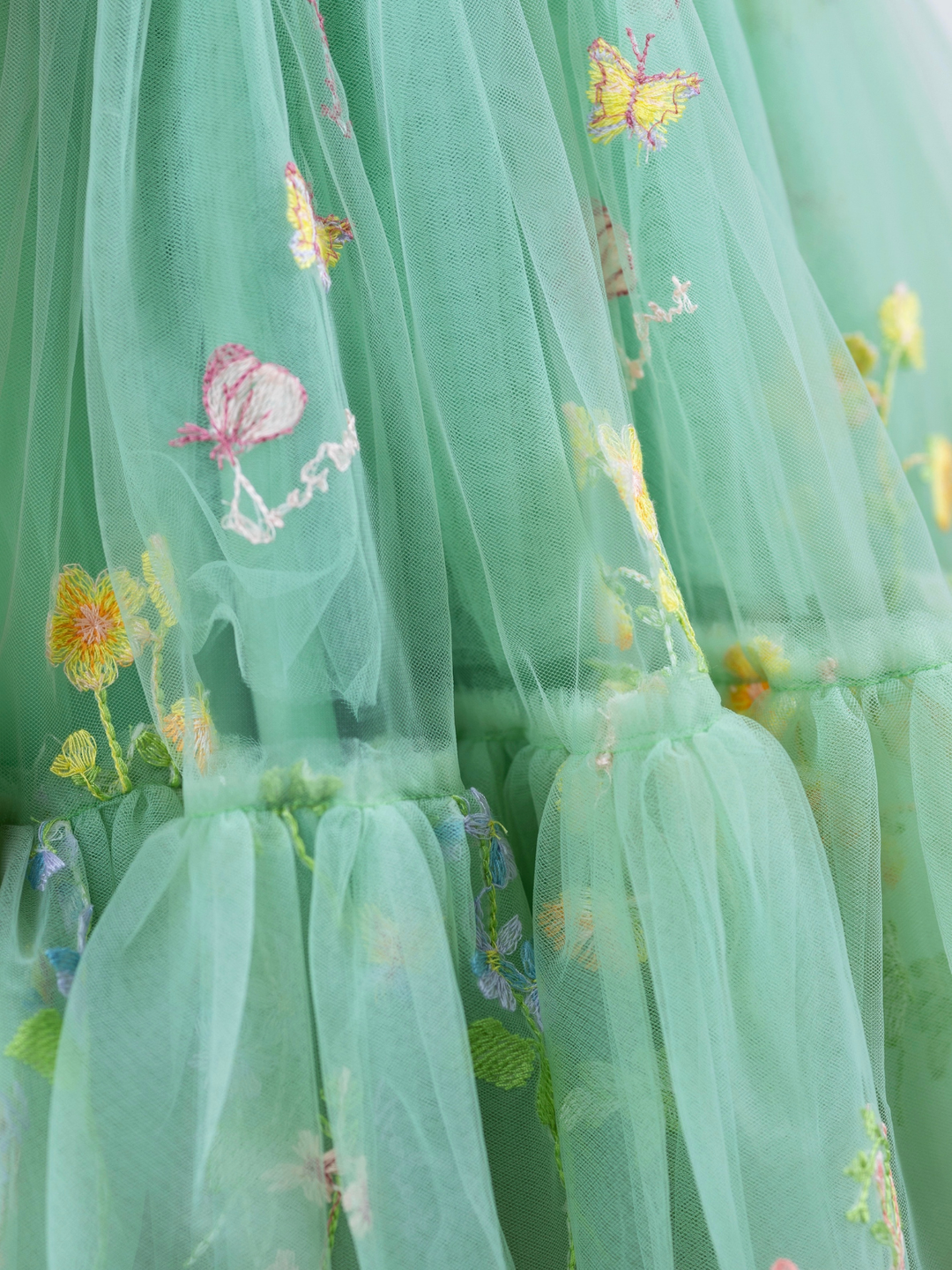 Floral embroidered tulle detail on girls sage green Easter dress