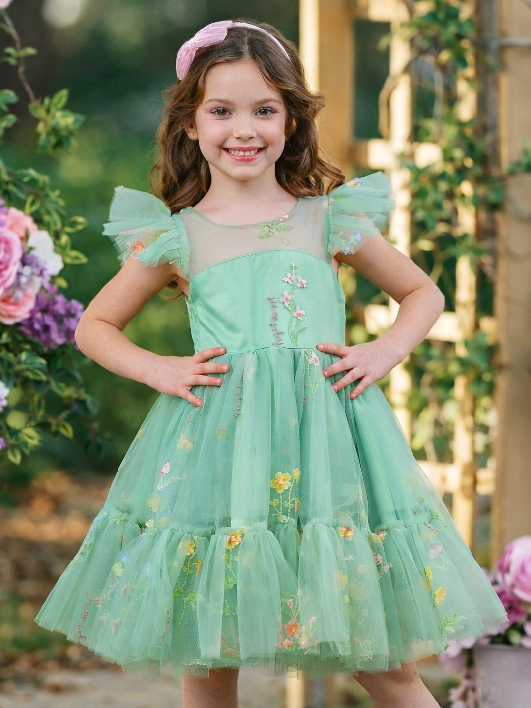 Spring garden party dress for girls in sage green tulle