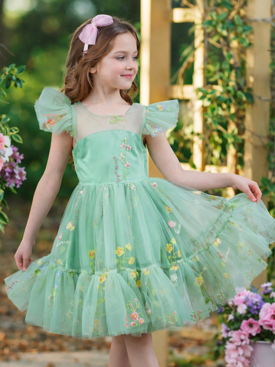 Girls sage green embroidered tulle dress for Easter and spring pictures