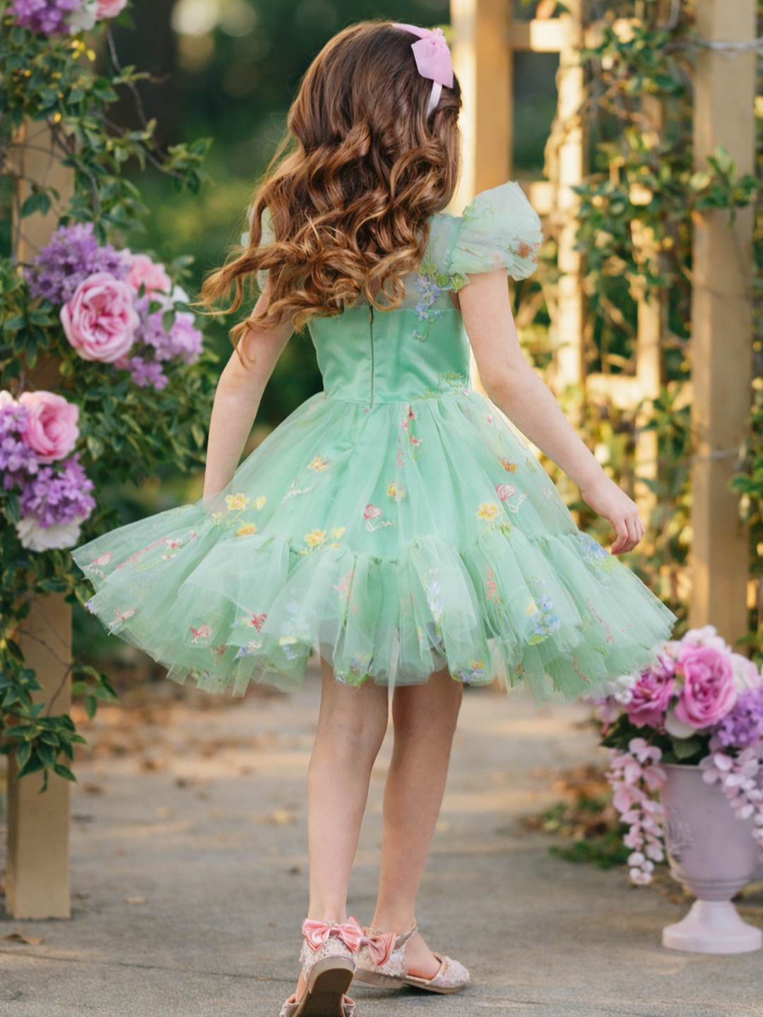 Sage green party dress for girls with floral embroidery and flutter sleeves