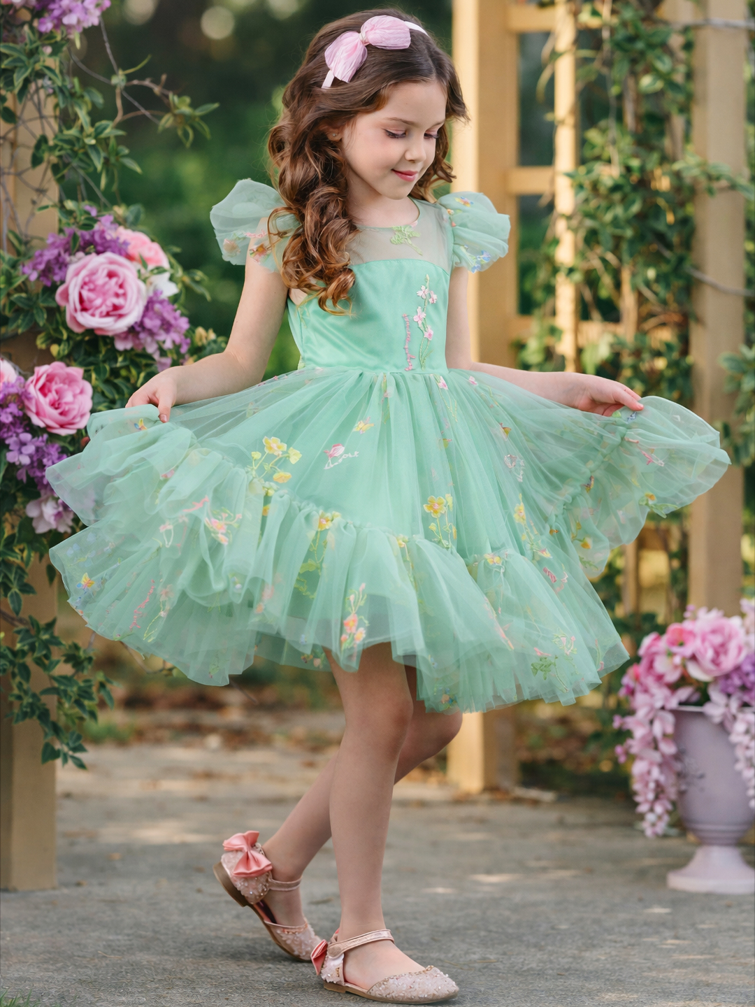 Sage green party dress for girls with floral embroidery and flutter sleeves