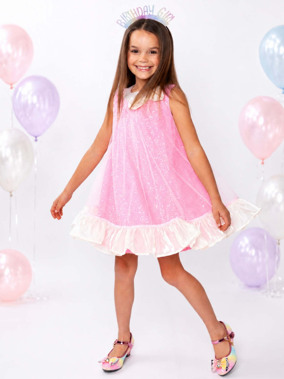Glittery Pink Bow Sequin Ruffle Dress Pink / 8Y Glittery Pink Bow Sequin Ruffle Dress Pink / 8Y