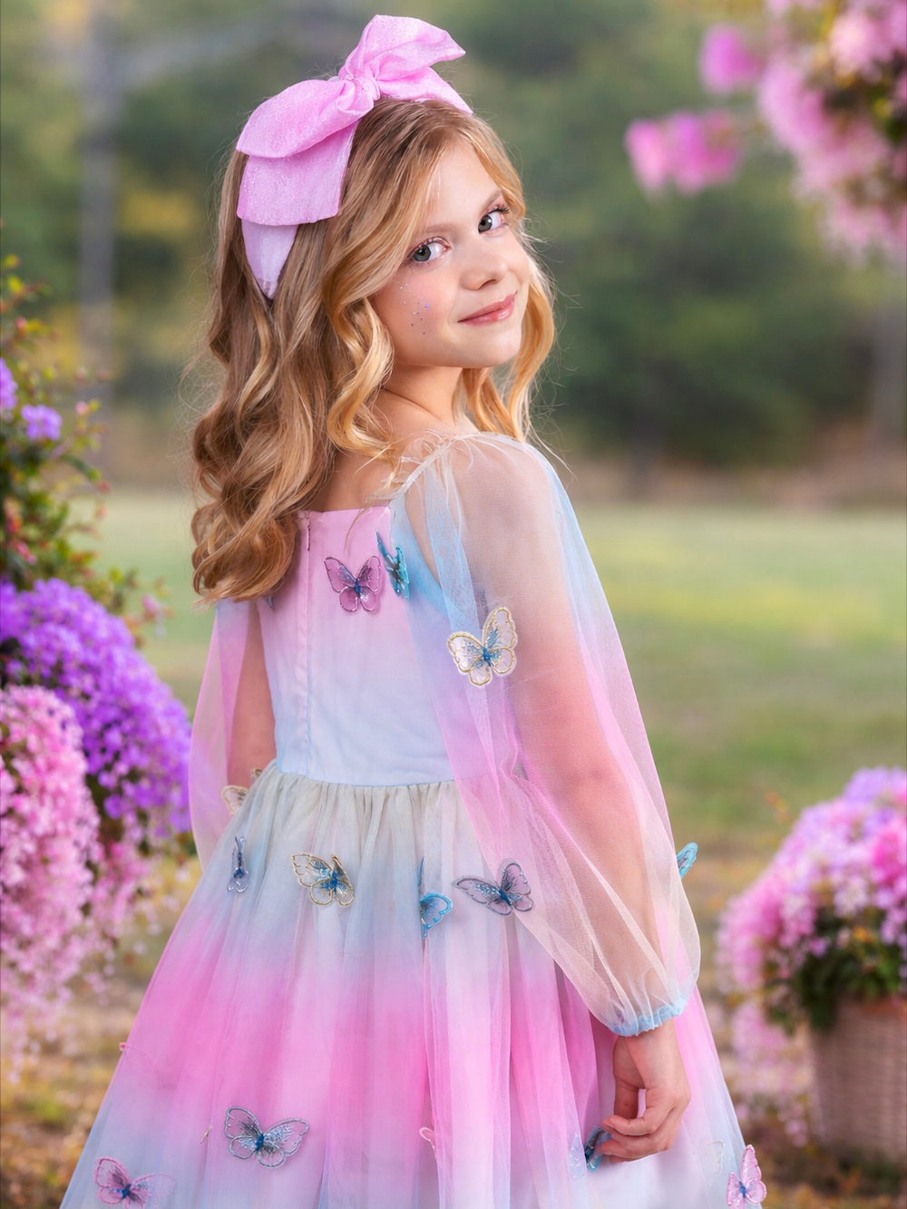 Sheer long sleeve girls Easter dress with butterflies