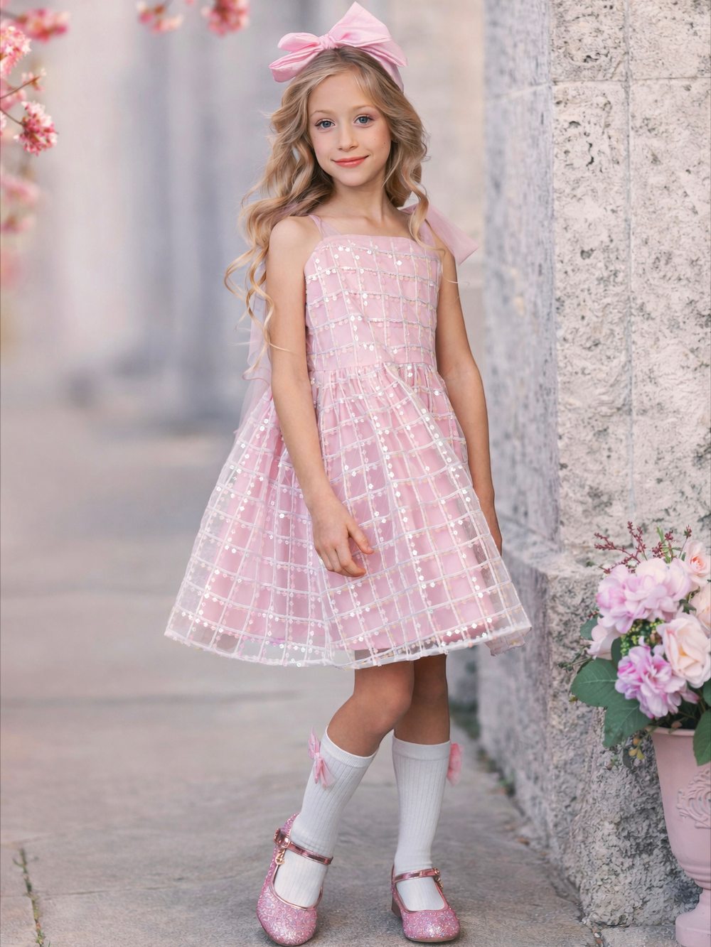 Girls blush pink shimmer dress for Easter and graduation