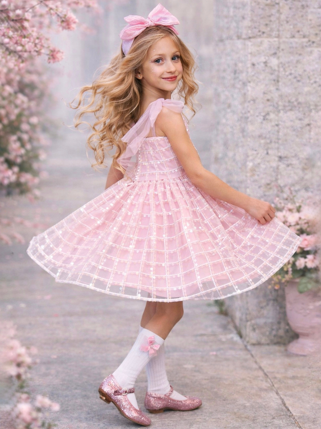 Pink graduation dress for girls with structured skirt