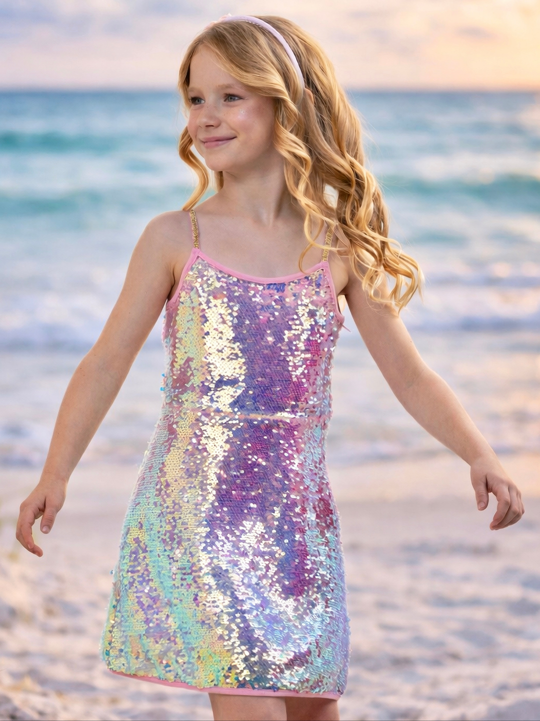 Girls birthday outfit with iridescent sequin slip dress