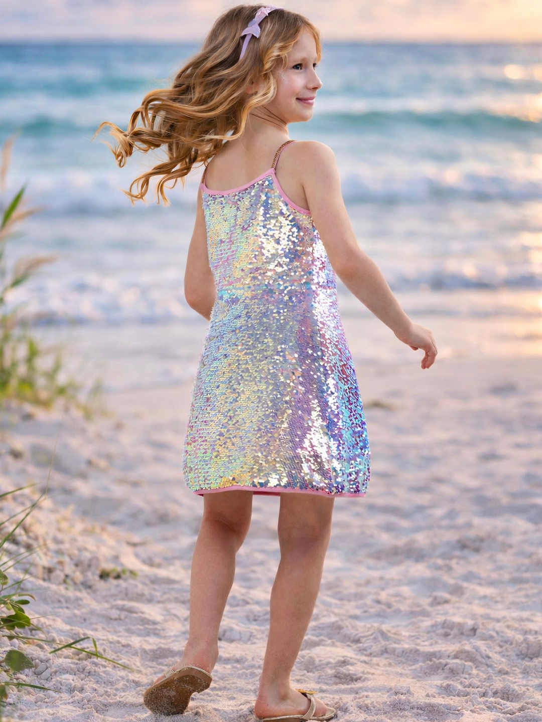 Girl wearing iridescent sequin dress for special occasion