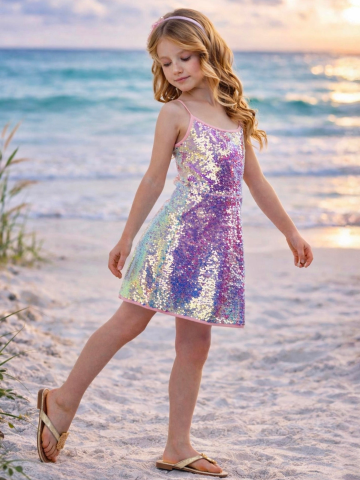 Girl wearing shiny sequin dress for party and celebration