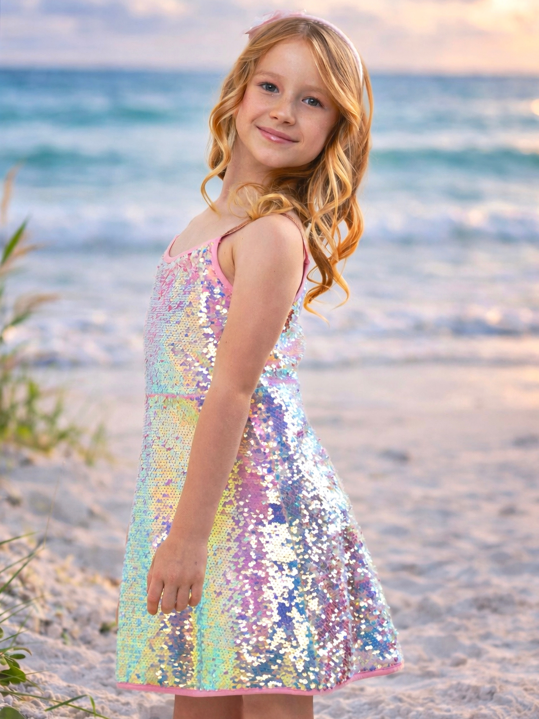 Girl in pastel sequin dress with shimmer for party look