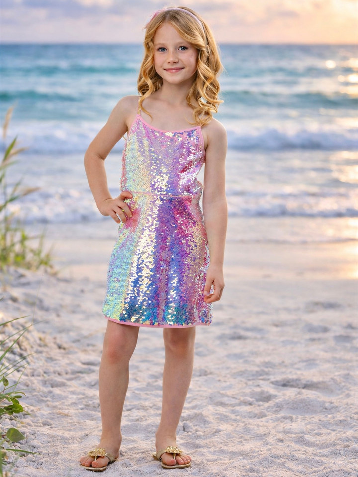 Girl wearing iridescent sequin dress with pastel rainbow sparkle