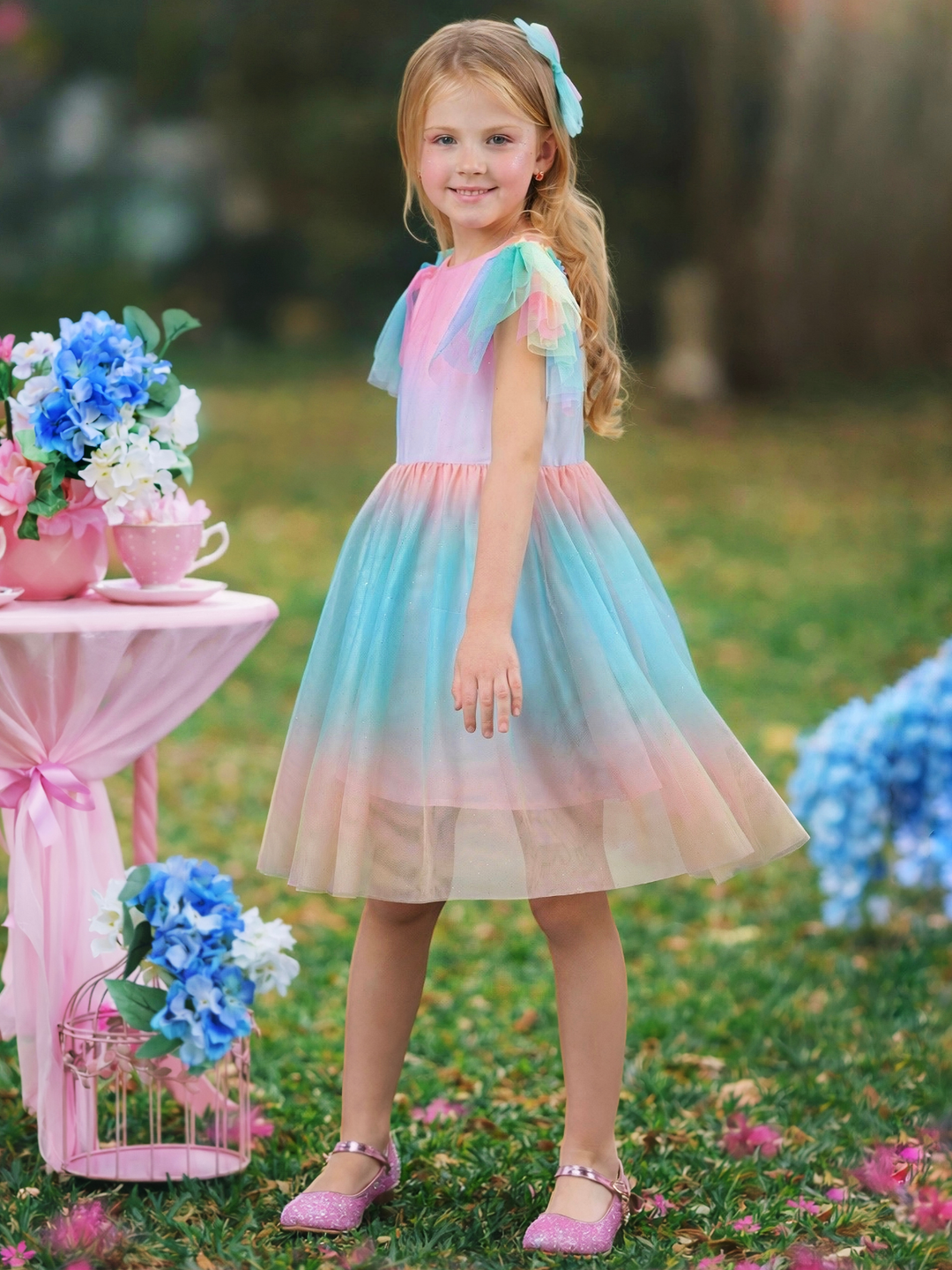 Pastel rainbow party dress for girls with flutter sleeves