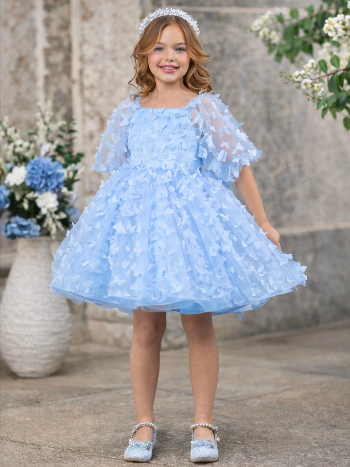 Girls blue butterfly tulle dress for Easter and graduation