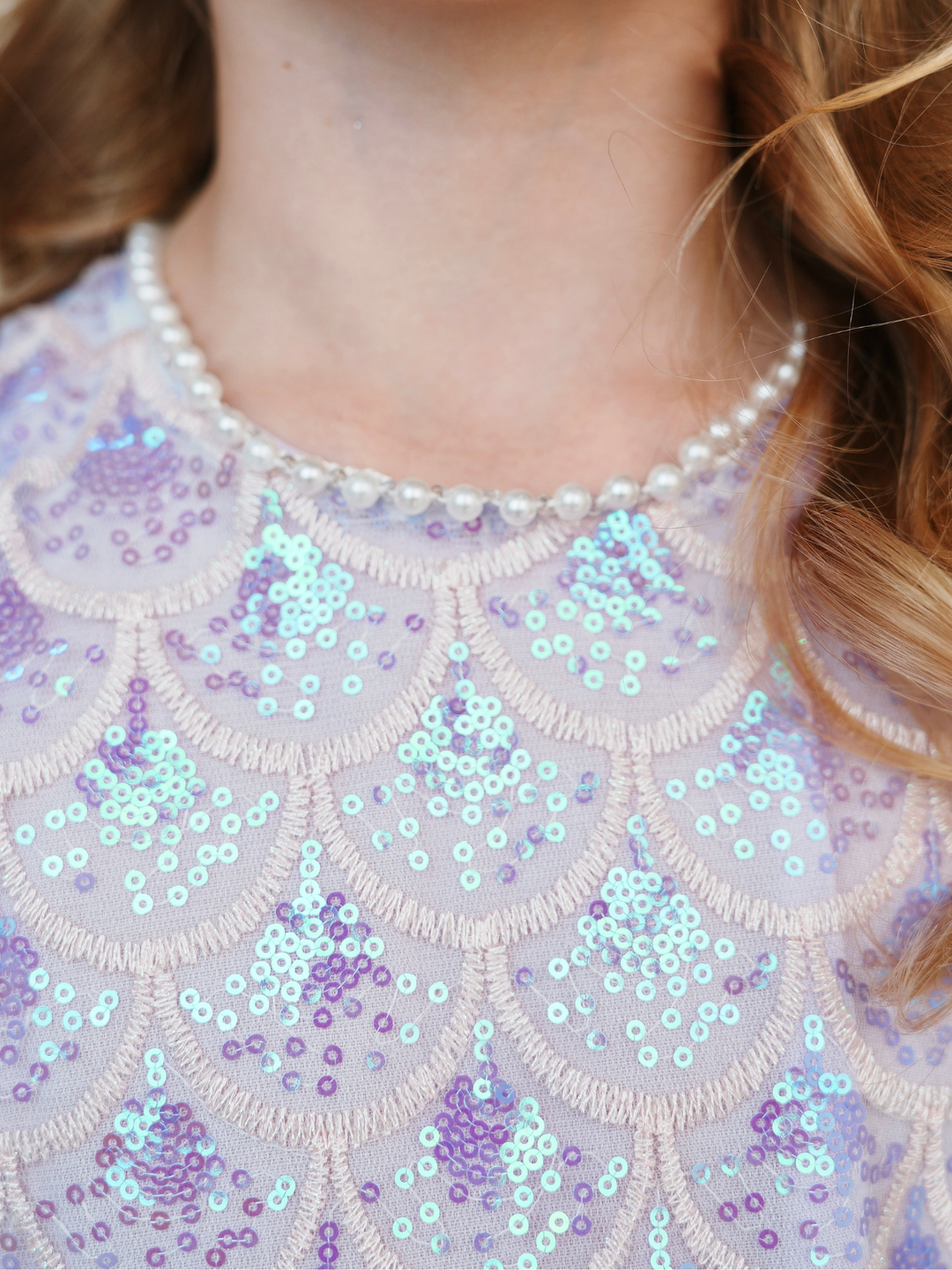 girls sequin mermaid dress with pearl neckline