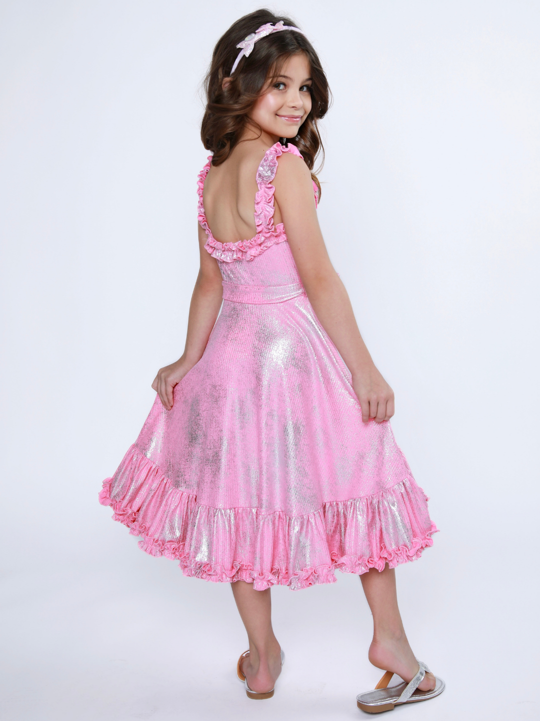 girls pink sparkle party dress with ruffle hem